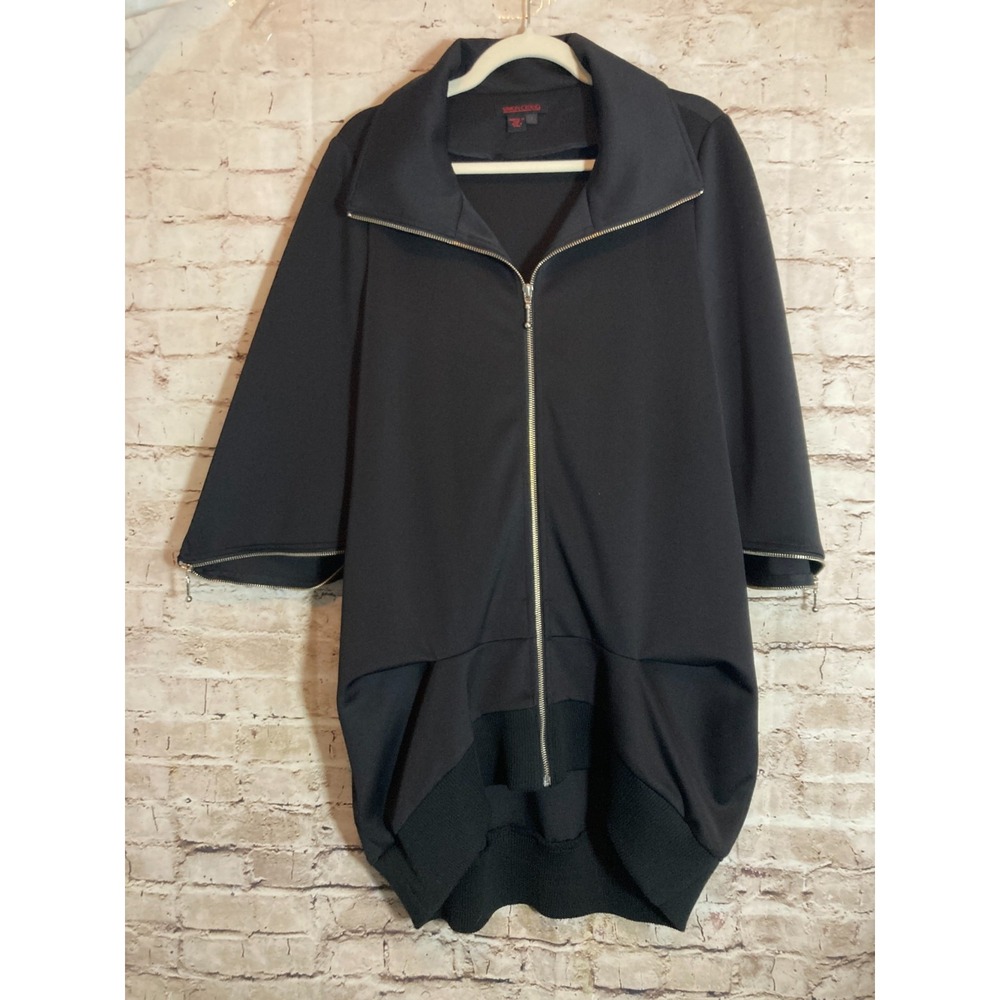 Simon Chang Lagenlook Jacket Women 8 Black Grunge Zipper Details Long Line Artsy